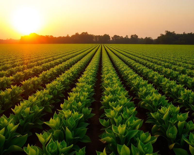 Lush agricultural farm at sunset